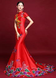 Vogue Red Stand Collar Embroidered Silk Mopping Fishtail Long Dress Short Sleeve