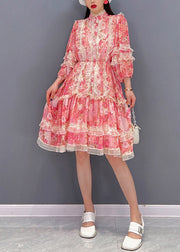Vogue Red Stehkragen Print Patchwork Spitze gekräuseltes Chiffon-Kleid mit langen Ärmeln