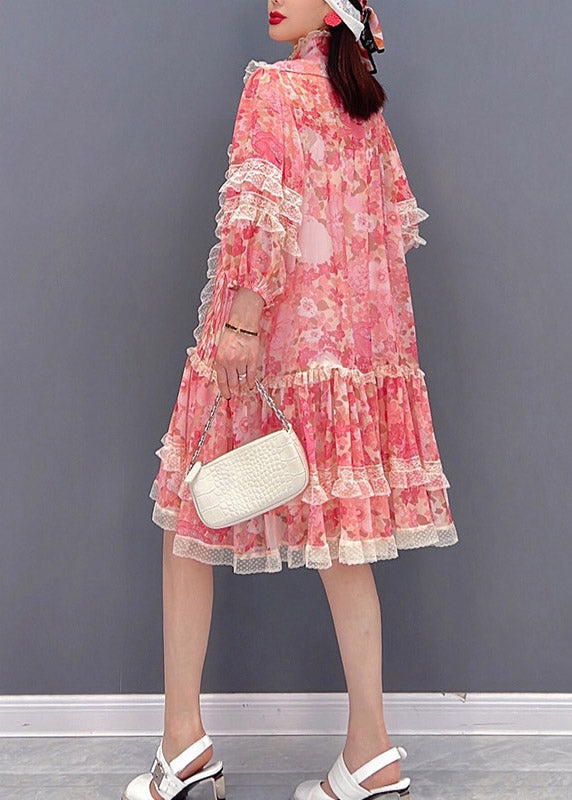 Vogue Red Stand Collar Print Patchwork Lace Ruffled Chiffon Dress Long sleeve