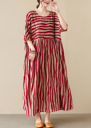 Vogue Red Striped O-Neck Long Dresses Short Sleeve
