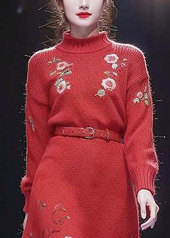 Vogue Red Turtleneck Floral Sashes Cotton Knit Long Sweater Dress Winter