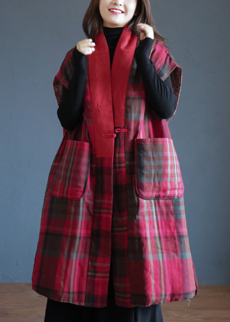 Vogue Red V Neck Plaid Button Warm Fleece Waistcoat Winter