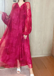 Vogue Red V Neck Silk Maxi Dress Lantern Sleeve