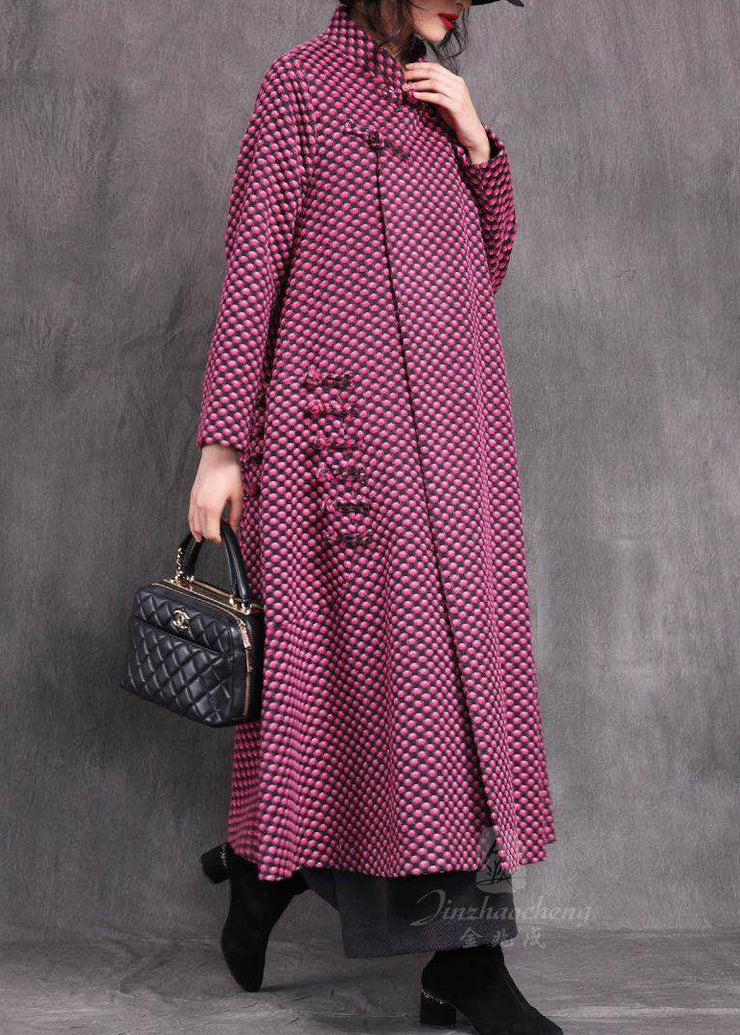 Vogue Rose Stand Collar Asymmetrical Plaid Button Woolen Maxi Coats Spring