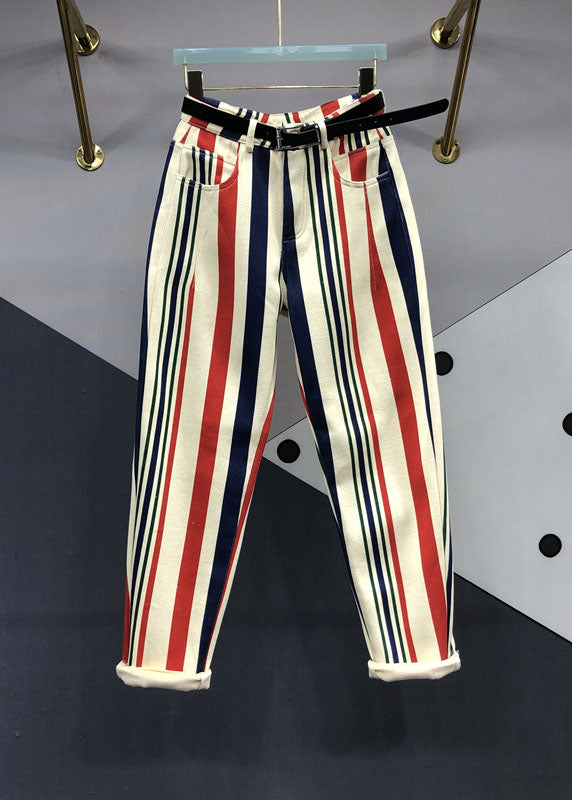 Vogue Striped Pockets Thick Beam Jeans Fall
