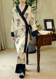 Vogue V Neck Print Patchwork Tie Waist Ice Silk Pajamas Two Piece Set Long Sleeve