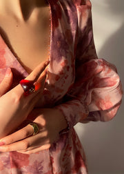 Vogue V Neck Zippered Print Nail Bead Silk Maxi Dresses Long Sleeve
