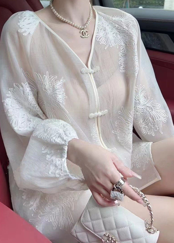 Vogue White Embroidered Button Chiffon UPF 50+ Shirt Fall