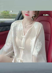 Vogue White Embroidered Button Chiffon UPF 50+ Shirt Fall