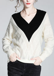 Vogue White V Neck Thick Patchwork Woolen Sweaters Spring