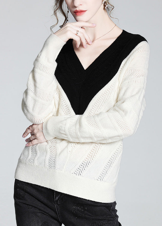 Vogue White V Neck Thick Patchwork Woolen Sweaters Spring