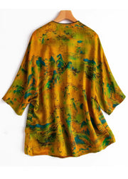 Vogue Yellow O-Neck Button Print Silk T Shirt Half Sleeve