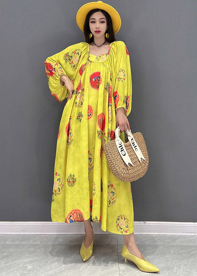 Vogue Yellow O-Neck Print Chiffonkleider mit langen Ärmeln