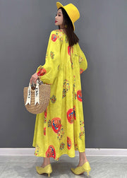 Vogue Yellow O-Neck Print Chiffon Dresses Long Sleeve