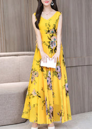 Vogue Yellow V Neck Print Chiffon Long Dresses Summer