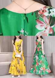 Vogue Yellow V Neck Print Chiffon Long Dresses Summer