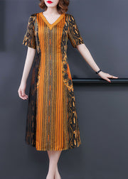 Vogue Yellow V Neck Striped Print Silk Women's Dress Short Sleeve
