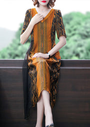 Vogue Yellow V Neck Striped Print Silk Women's Dress Short Sleeve
