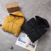 Warm Loose fitting snow jackets drawstring hem outwear yellow hooded women short coats - SooLinen
