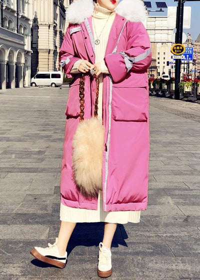 Warm Loose fitting womens parka Jackets pink hooded zippered down coat winter - SooLinen