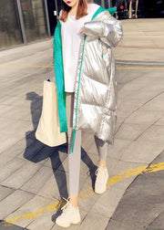 Warm Loose fitting womens silver patchwork green hooded zippered goose Down coat - SooLinen