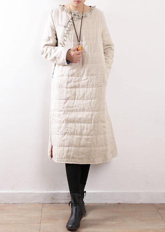 Warm beige coats casual snow jackets Chinese Button side open winter outwear - SooLinen