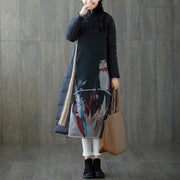 Warm black print down coat oversized stand collar patchwork down jacket Chinese Button down coat