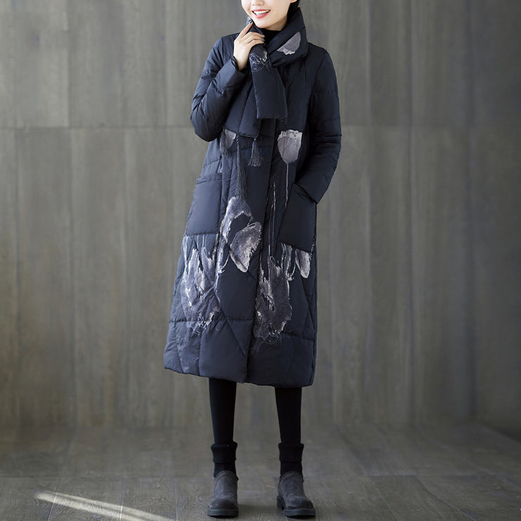 Warm black print down coat oversized tassel quilted coat fine pockets down coat