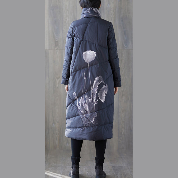 Warm black print down coat oversized tassel quilted coat fine pockets down coat
