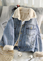 Warm blue coat plus size jacket spring lapel pockets coat - SooLinen