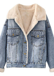 Warm blue coat plus size jacket spring lapel pockets coat - SooLinen