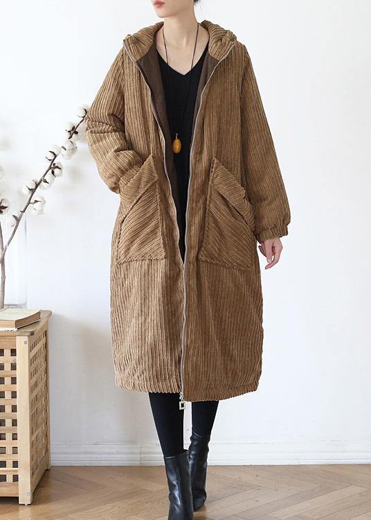Warm casual winter jacket hoodedovercoat khakicorduroy warm winter coat - SooLinen