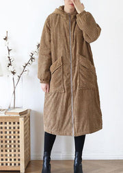 Warm casual winter jacket hoodedovercoat khakicorduroy warm winter coat - SooLinen
