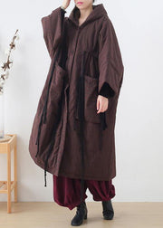 Warm chocolate striped coat Loose fitting snow hooded drawstring coats - SooLinen