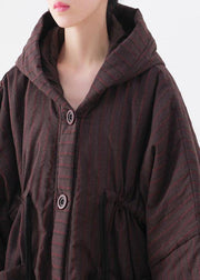 Warm chocolate striped coat Loose fitting snow hooded drawstring coats - SooLinen