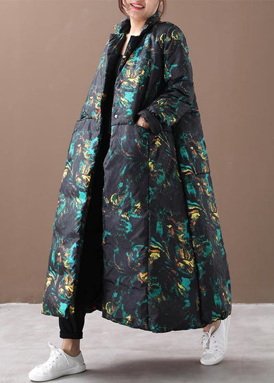 Warm floral winter coat oversize stand collar large hem goose down coats - SooLinen