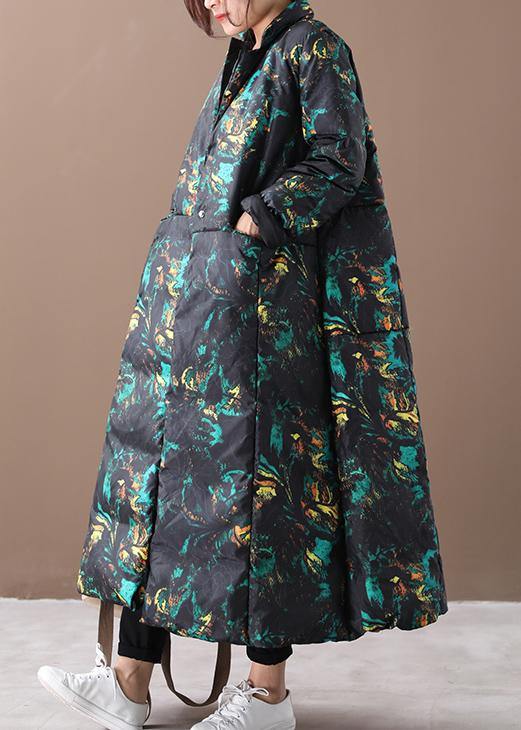 Warm floral winter coat oversize stand collar large hem goose down coats - SooLinen