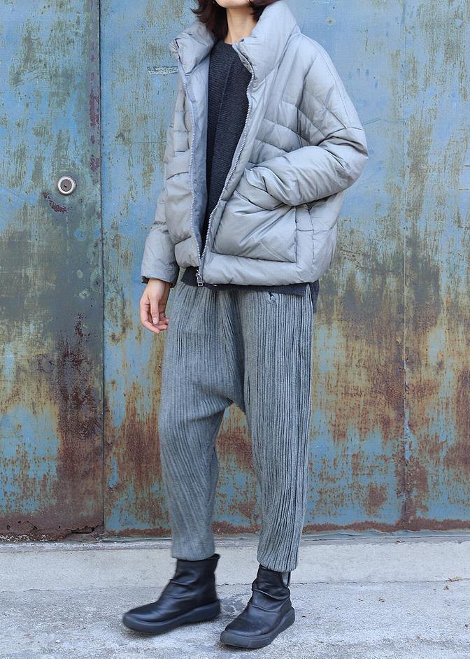 Warm gray overcoat plus size clothing winter jacket stand collar big pockets short winter outwear - SooLinen