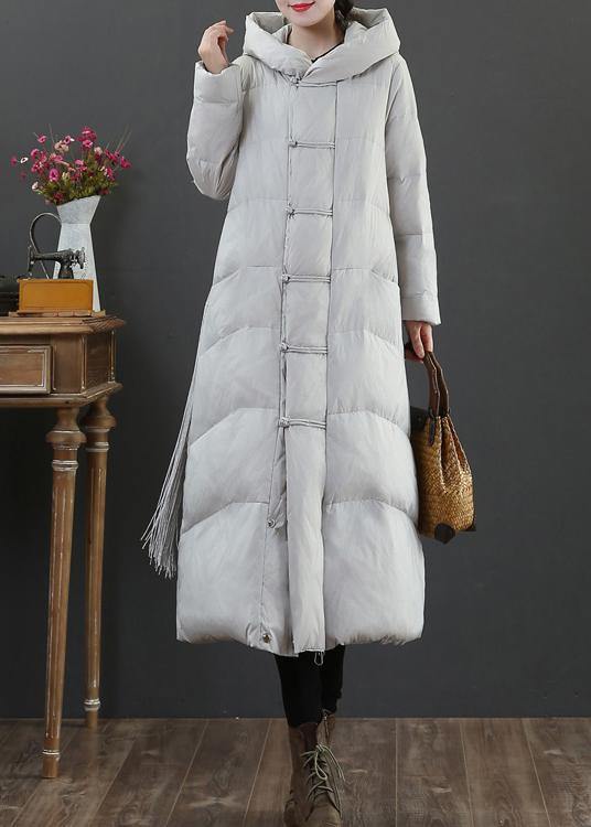 Warm light gray duck down coat plus size winter jacket hooded zippered Elegant overcoat - SooLinen