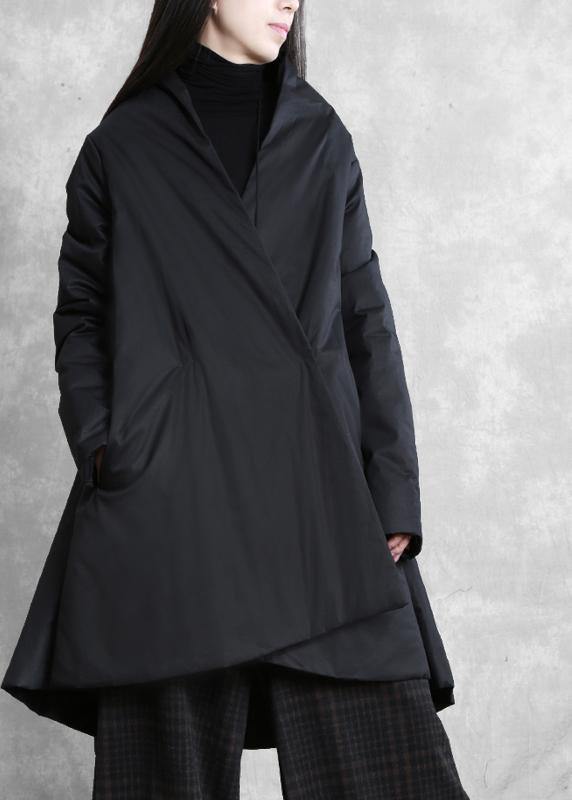 Warm oversize down jacket overcoat black v neck pockets coats - SooLinen