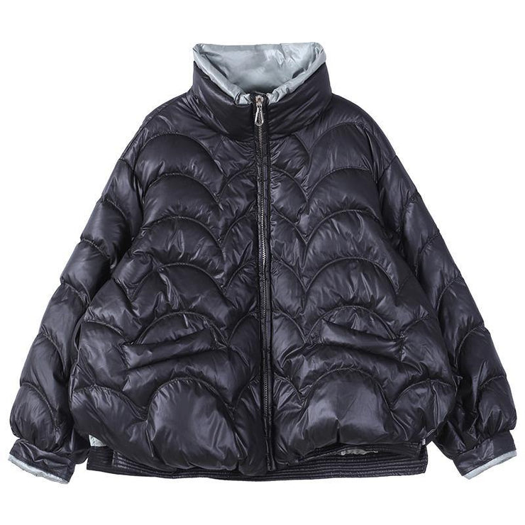 Warm oversize snow jackets overcoat black stand collar zippered warm winter coat - SooLinen