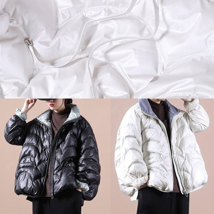 Warm oversize snow jackets overcoat black stand collar zippered warm winter coat - SooLinen