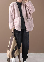 Warm oversized warm winter coat outwear pink v neck thick winter jacket - SooLinen