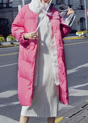 Warm pink down coat winter Loose fitting down jacket hooded drawstring fine coats - SooLinen