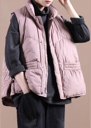 Warm pink down coat winter Loose fitting womens parka stand collar zippered Jackets - SooLinen