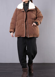 Warm plus size down jacket lapel coats chocolate pockets zippered winter parkas - SooLinen