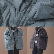 Warm plus size down jacket stand collar black zippered duck down coat - SooLinen