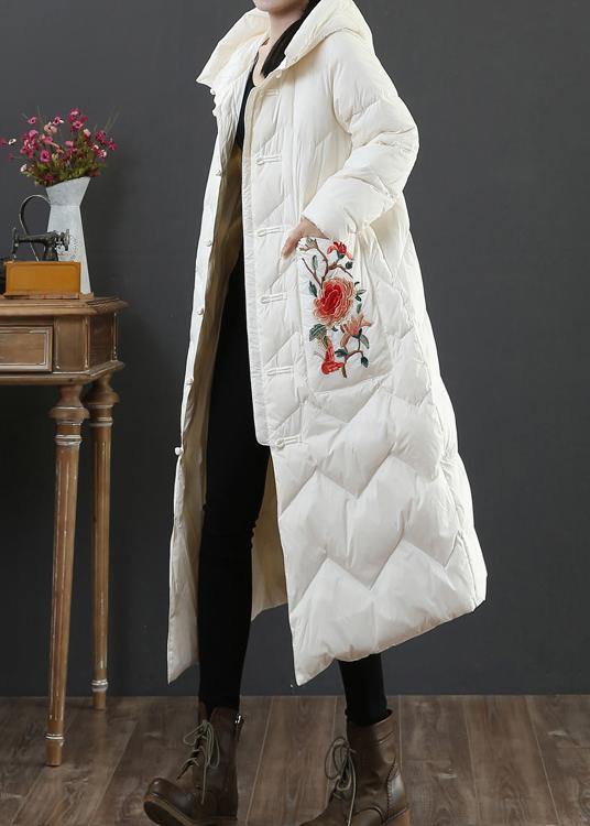 Warm plus size womens parka winter outwear beige embroidery hooded duck down coat - SooLinen