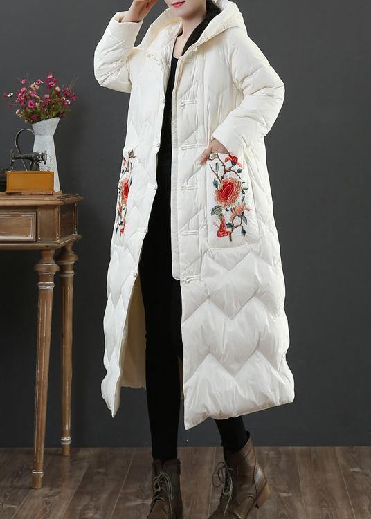 Warm plus size womens parka winter outwear beige embroidery hooded duck down coat - SooLinen