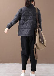 Warm women parka coats black patchwork print stand collar pockets warm winter coat - SooLinen